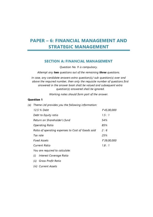 First page of CA INTERMEDIATE SUBJECT:- FINANCIAL MANAGEMENT AND STRATEGIC MANAGEMENT PYQ FROM MAY 2024 TO JANUARY 2026