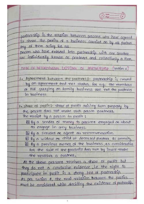 First page of Handwriting notes Ca foundation law Indian partnership Act, 1932