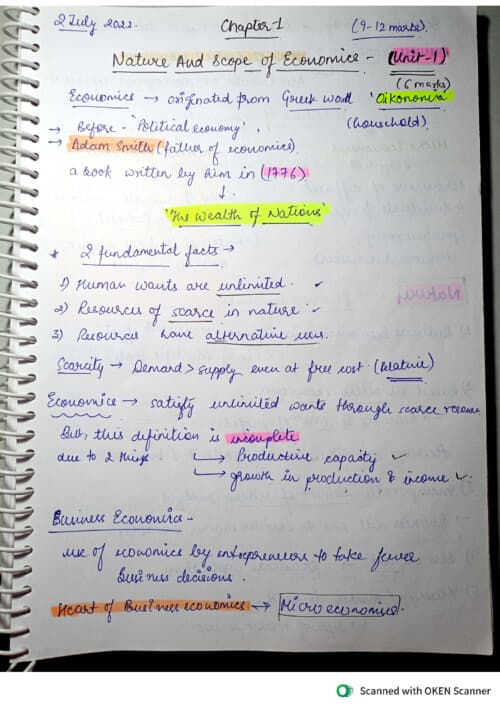 First page of Business Economics Chapter 1 Notes
