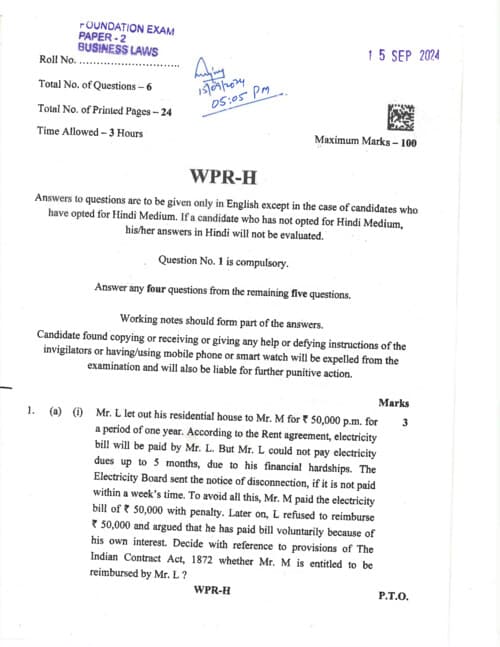 First page of SEPTEMBER 2024 PYQ BUSINESS LAW