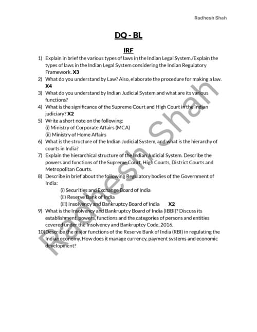 First page of Direct Questions for Business Laws - All Questions Covered