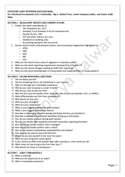 First page of Statutory Audit Interview Questions