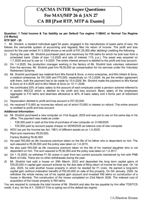First page of Direct Tax Super Questions For Rivision By BB sir