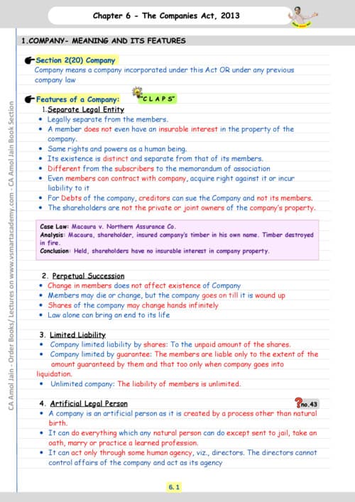 First page of Ca foundation law Ch 6 : the Companies Act 2013 Detailed notes ✨