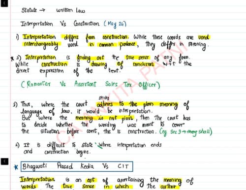 First page of Interpretation of Statute handwritten notes by Ankita patni