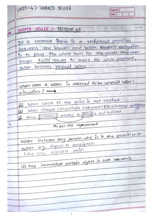 First page of Ca foundation law Handwriting notes Sales of goods act 1930 Unit:-4 unpaid seller
