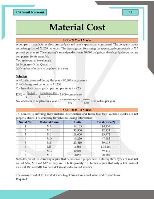 First page of Costing complier for material cost