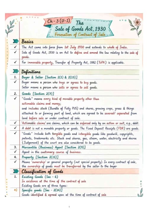 First page of Sales of goods act unit 1