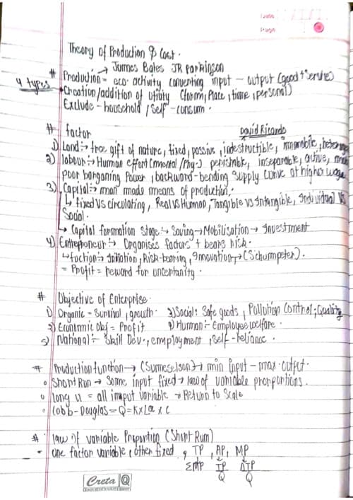 First page of Business economics Theory of production and cost Chapter 3 Rapid revision notes