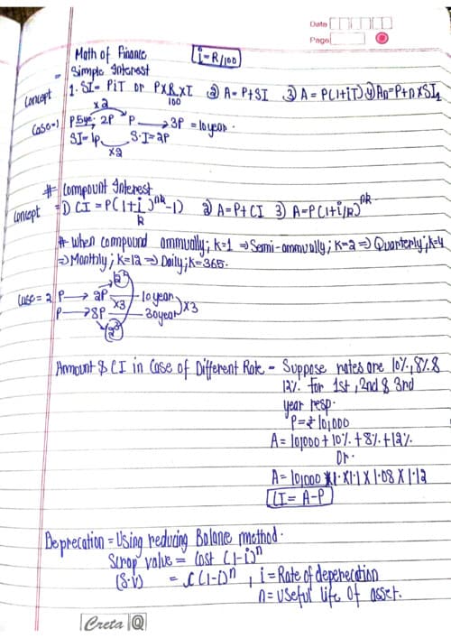 First page of Quantitative aptitude Math of finance Rapid revision notes