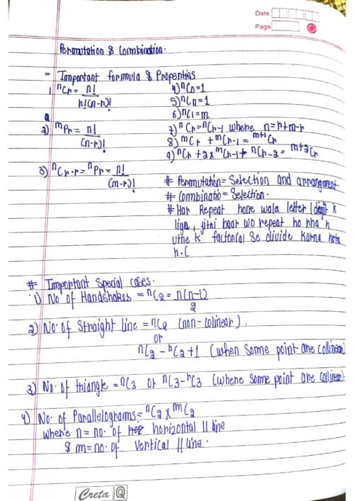 First page of Quantitative aptitude Permutations and combinations Formula sheet Rapid revision notes