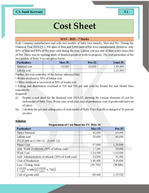 First page of Costing complier of cost sheet