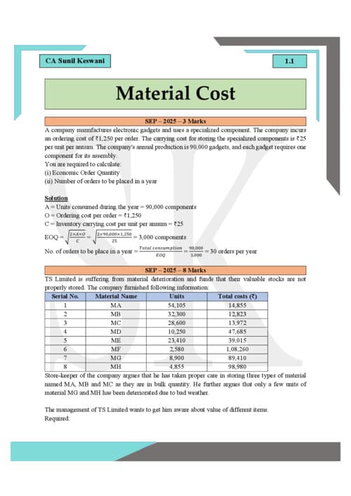 First page of Costing complier of material cost