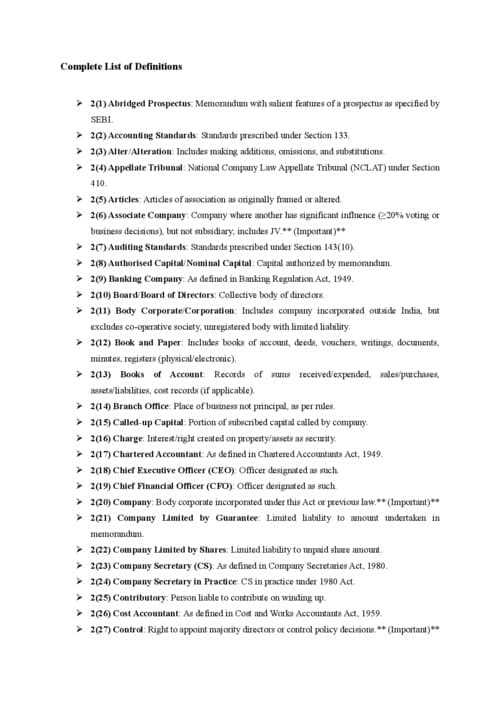 First page of CA inter law list of all sections of companies act 2013