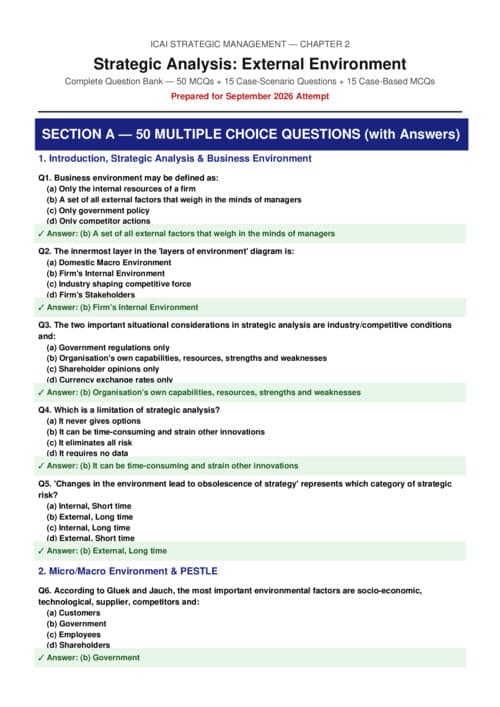 First page of CA INTER SEP26 STRATEGIC MANAGEMENT CHP 2 50MCQ, 15 CASE STUDY, 15 CASE SCENARIO MCQ