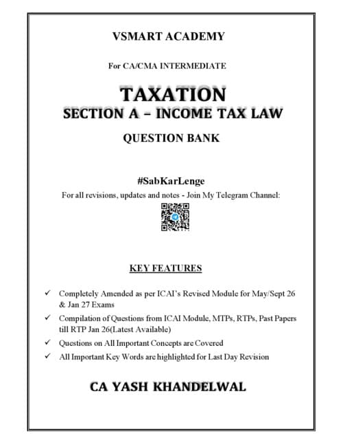 First page of Taxation Question Bank By Yash Khandelwal Sir ✅ If Anybody wants PW, VC Gurukul and Jk Shah Classes DM me ✔️