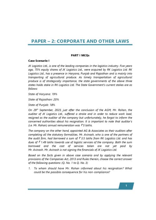 First page of Ca Inter Law past 5 Attempts Question papers and Suggested Answers