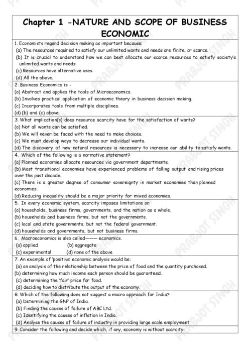 First page of All chapter MCQs business economics