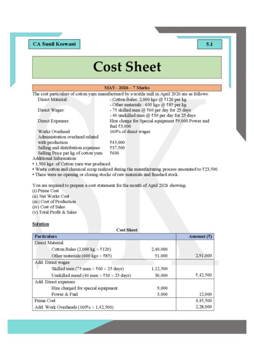 First page of Costing complier of cost sheet