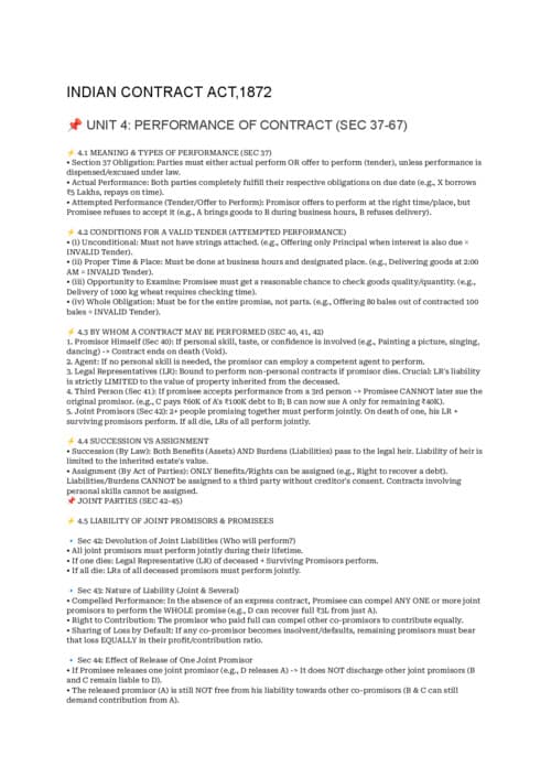 First page of INDIAN CONTRACT ACT,1872 UNIT- 4,5,6