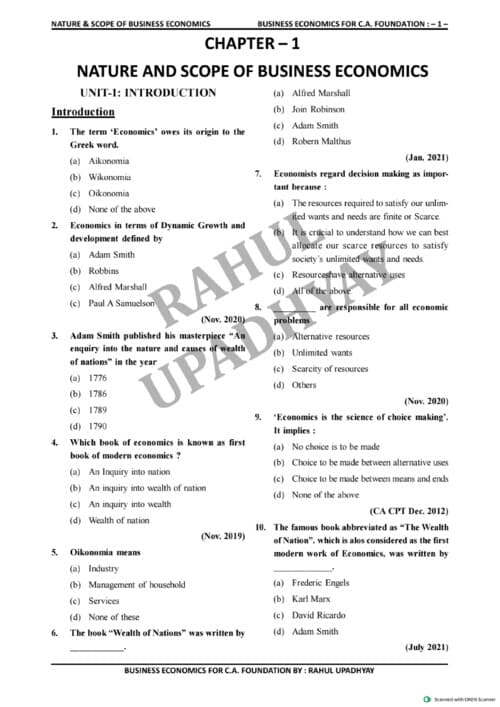 First page of Nature and scope of business Economics MCQs