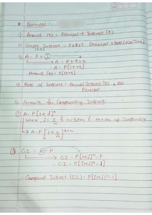 First page of Sharing my handwritten Mathematics of Finance formula notes for CA Foundation. It includes the important formulas from topics like Simple Interest, Compound Interest, Annuity, Sinking Fund, NPV, Leasing, Perpetuity, and CAGR. Useful for quick revision and exam preparation. Hope it saves your time!