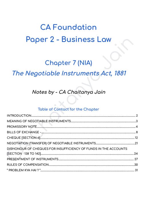 First page of CJ sir Ngotiable instrument chapter, notes with questions bank