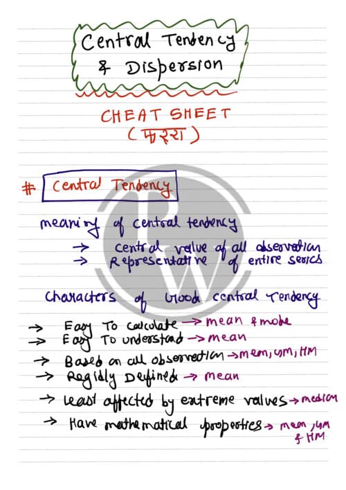 First page of Measures of central tendency and dispersion handwritten notes
