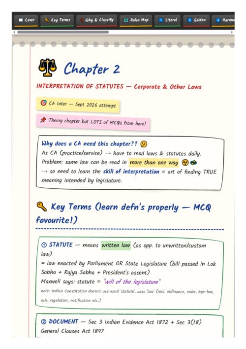 First page of Interpretation Of Statuses Chapter Handwritten Notes If Anybody wants PW, VC Gurukul and Ekagrata classes DM me ✔️