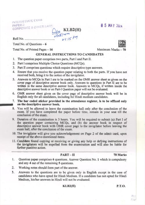First page of Inter Law Paper May 2024 If Anybody wants PW, VC Gurukul and Parag Sir classes DM me