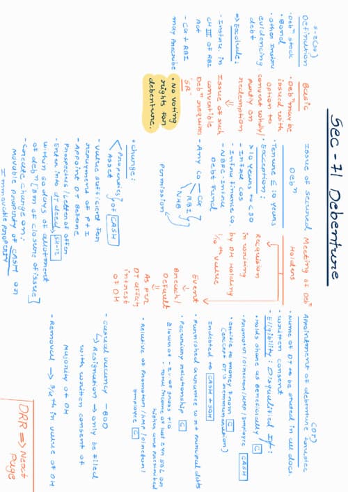 First page of Law Sec-71 Debenture (summary chart) Handwritten chart