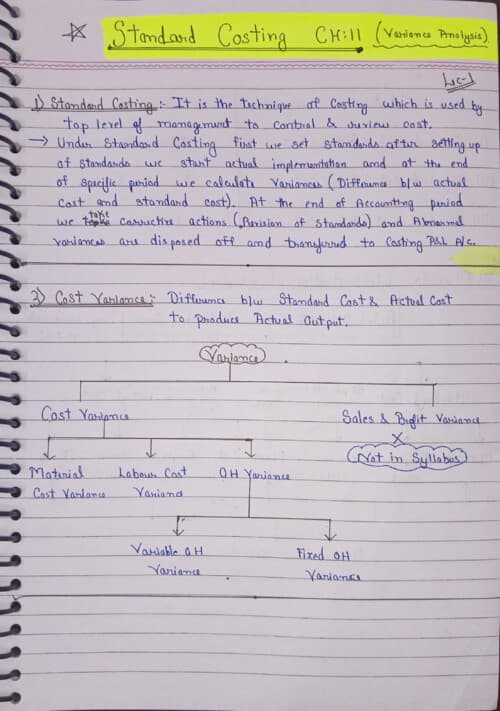 First page of standard costing handwritten notes