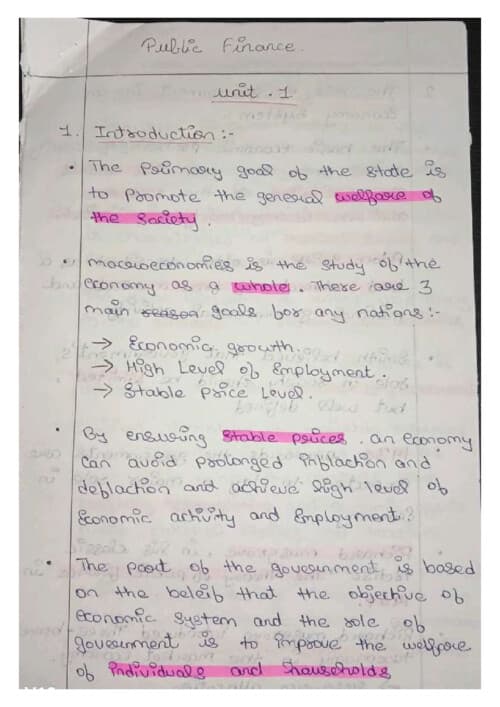 First page of Well-organized handwritten notes covering Public Finance concepts in a simple and easy-to-understand format. These notes include important definitions, key points, highlighted concepts, and exam-focused content, making them ideal for quick revision and last-minute preparation.