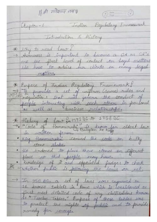 First page of Indian Regulatory Framework ch. 1 handwritten notes by Nikesh agrawal sir