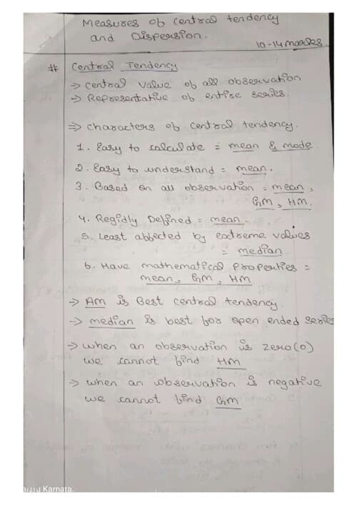 First page of Handwritten notes of measure of central tendency and dispersion ,quick revision for exam ..