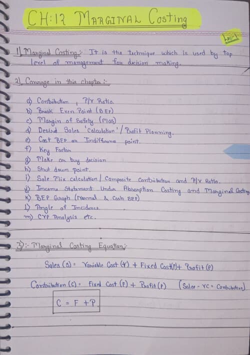 First page of Marginal costing handwritten notes