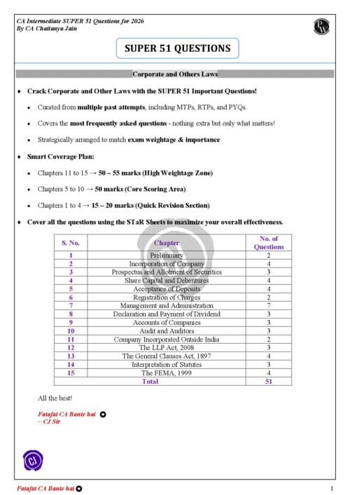 First page of Super 51 Questions for practice (Corporate & Other Laws) by CJ Sir