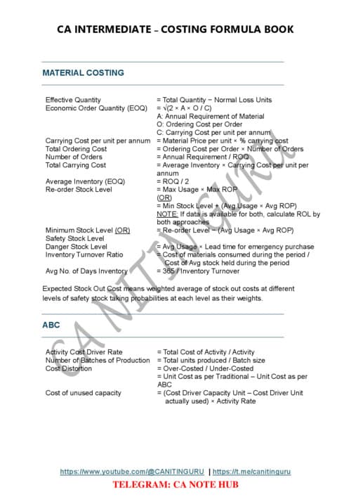 First page of costing formula book