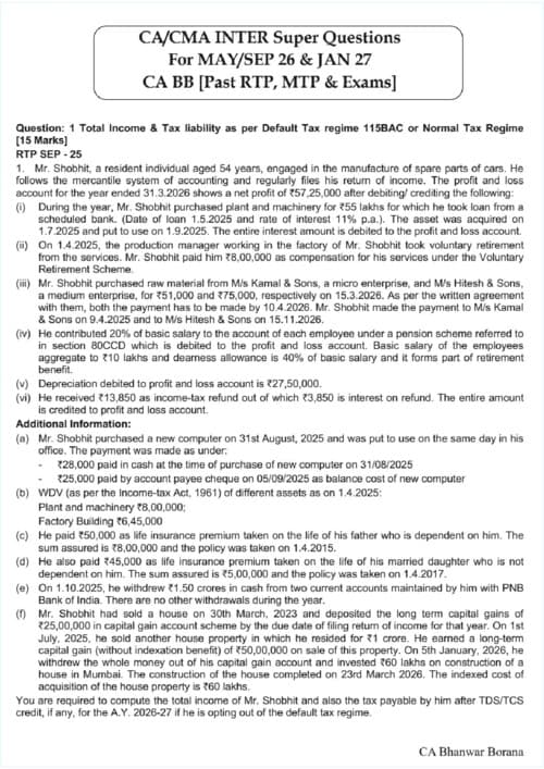 First page of Super Questions For #sep2026exams By BB Sir If Anybody wants PW, Vishwas CA and Parag Sir classes DM me ✅