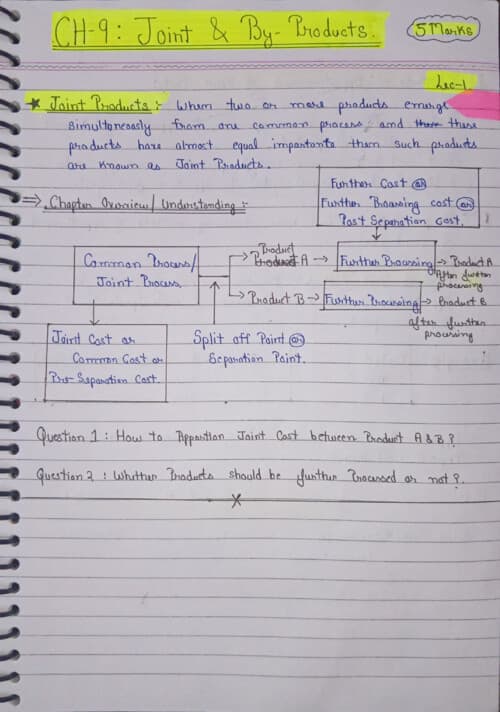 First page of Joint & by product costing handwritten notes