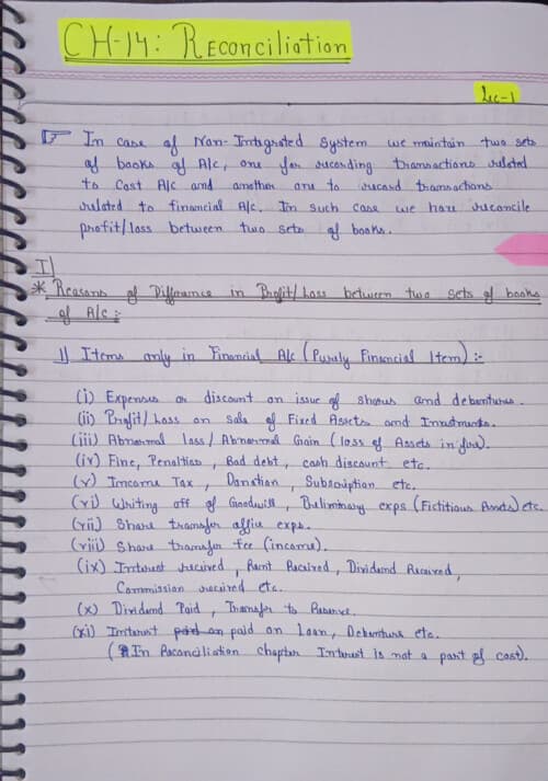 First page of Cost reconciliation~ costing handwritten notes