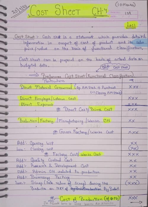 First page of Cost sheet ~ costing handwritten notes