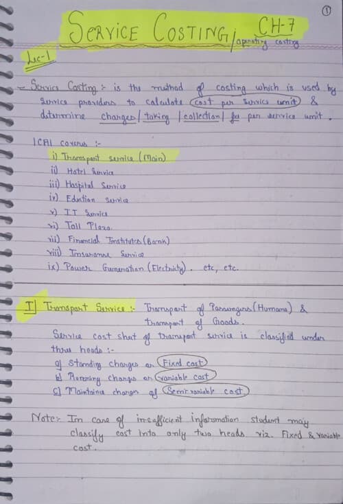 First page of Service costing handwritten notes