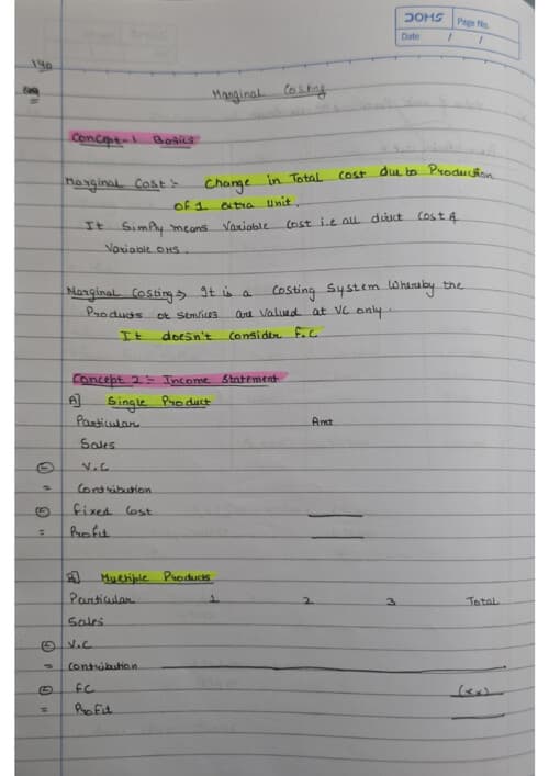 First page of Marginal costing handwritten notes