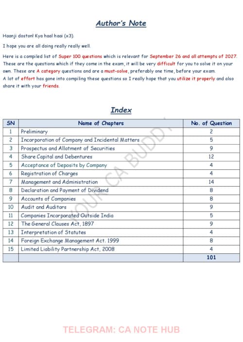 First page of CA INTERMEDIATE CORPORATE AND OTHER LAWS [LAW] SUPER 100 QUESTIONS ALONG WITH ANSWERS BY CA SHUBHAB SINGHAL FOR SEPTEMBER, 2026 JANAURY, 2027 MAY, 2027 AND SEPTEMBER, 2027
