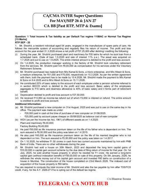 First page of CA INTERMEDIATE DIRECT TAX [INCOME TAX] SUPER QUESTIONS LIST BY CA BHANWAR BORANA [BB SIR] FOR SEPTEMBER, 2026 AND JANUARY 2027