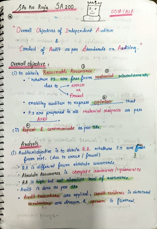 First page of Audit SA 200 HANDWRITTEN NOTES