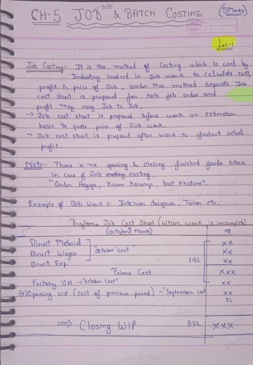 First page of Job and batch costing handwritten notes