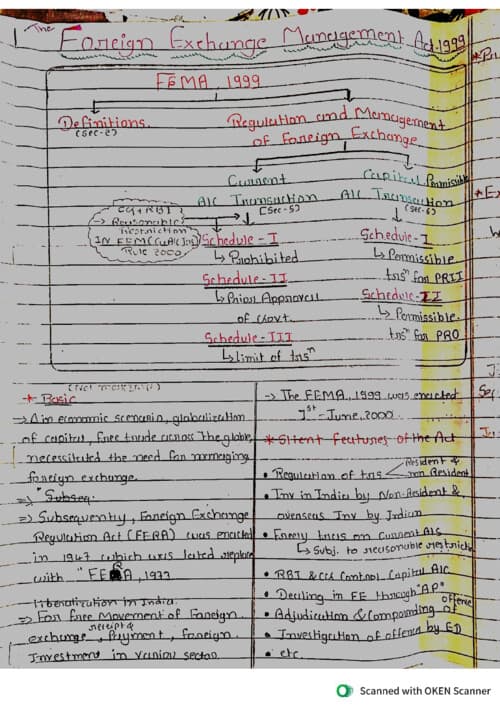 First page of CA INTER Law :- FEMA Handwritten notes easy for effective reading