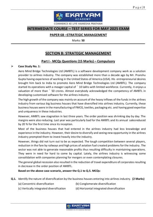 First page of Strategic management test paper (50 marks)